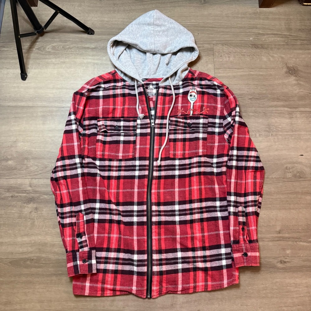Disney Toy Story Forky Hooded Flannel Shirt Mens Small Red Plaid Full Zip Hoodie